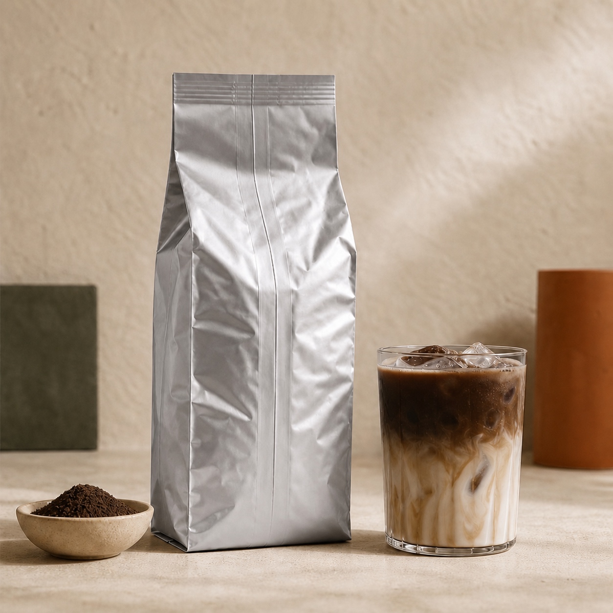 Illustrative silver 1 kg wholesale bag with hojicha powder and an iced hojicha latte