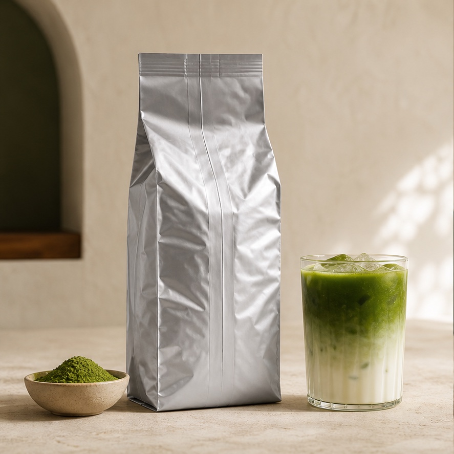 Illustrative silver 1 kg wholesale bag with matcha powder and an iced matcha latte