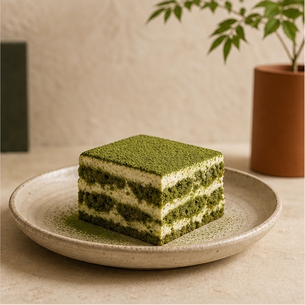 Illustrative layered matcha dessert