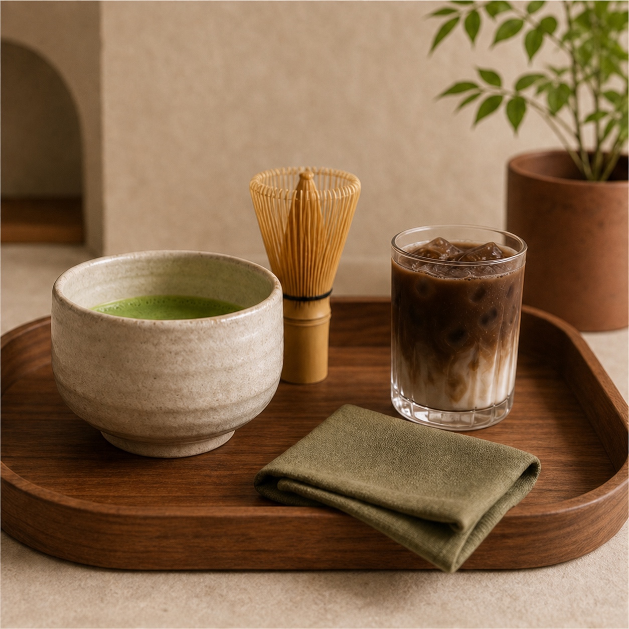 Illustrative matcha and hojicha hospitality service