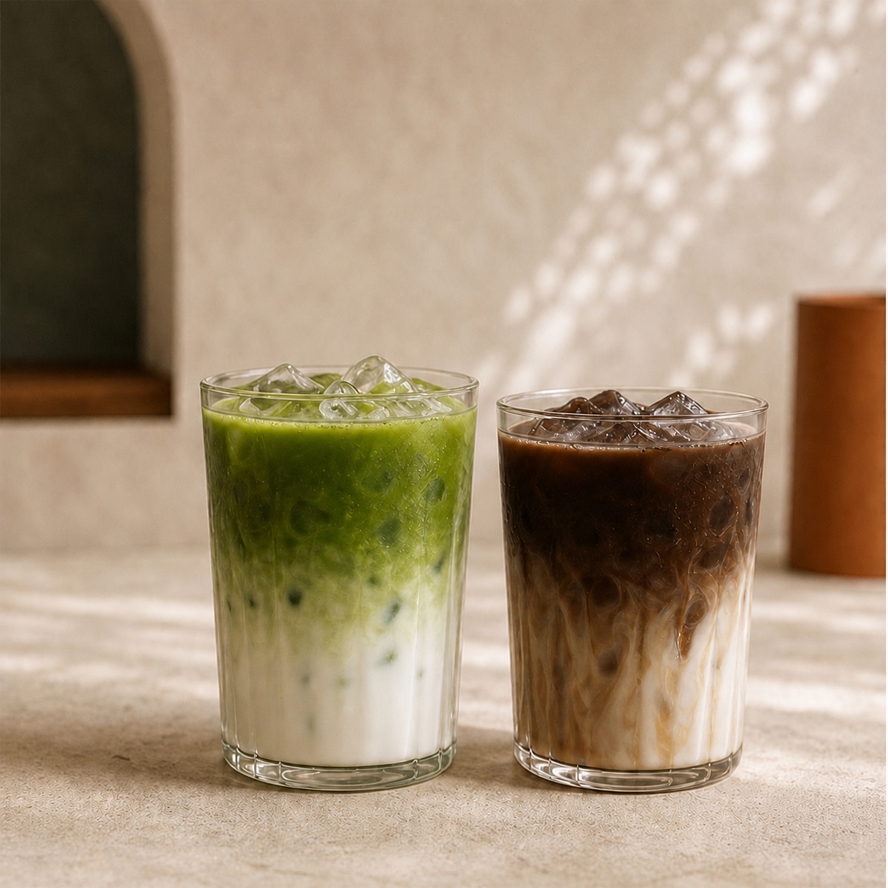 Illustrative iced matcha and hojicha lattes