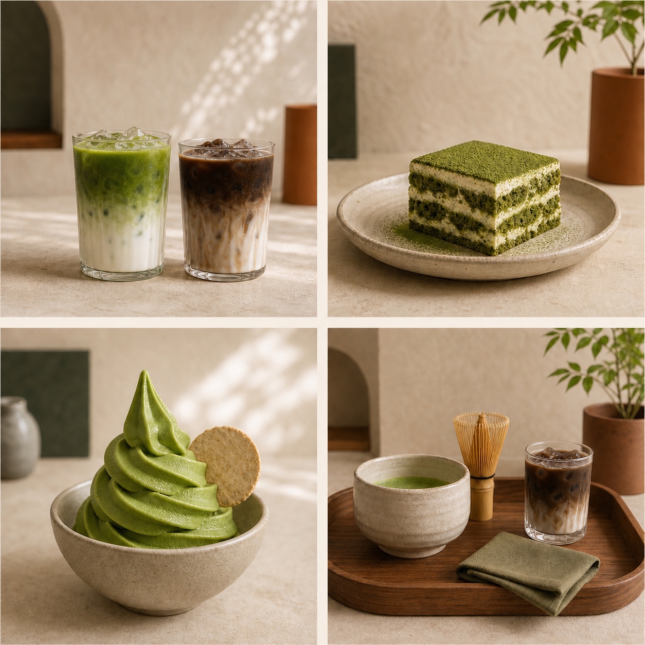 Illustrative matcha and hojicha drinks, dessert, soft serve, and hospitality service