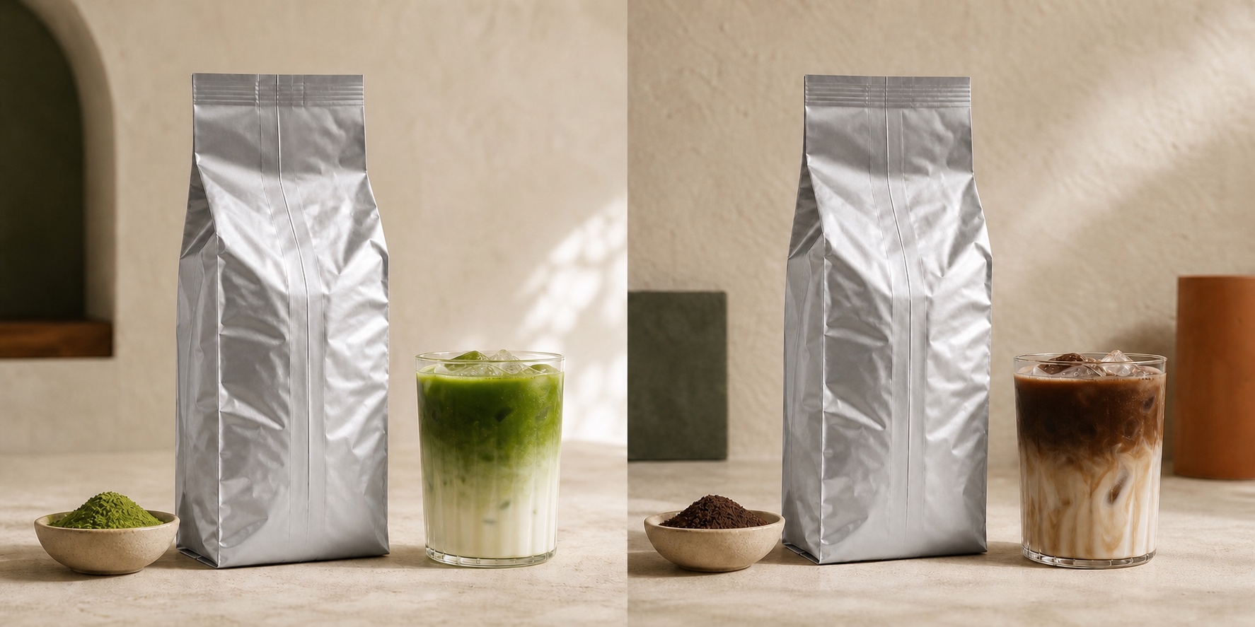 Illustrative silver 1 kg wholesale bags with matcha and hojicha powders and iced lattes