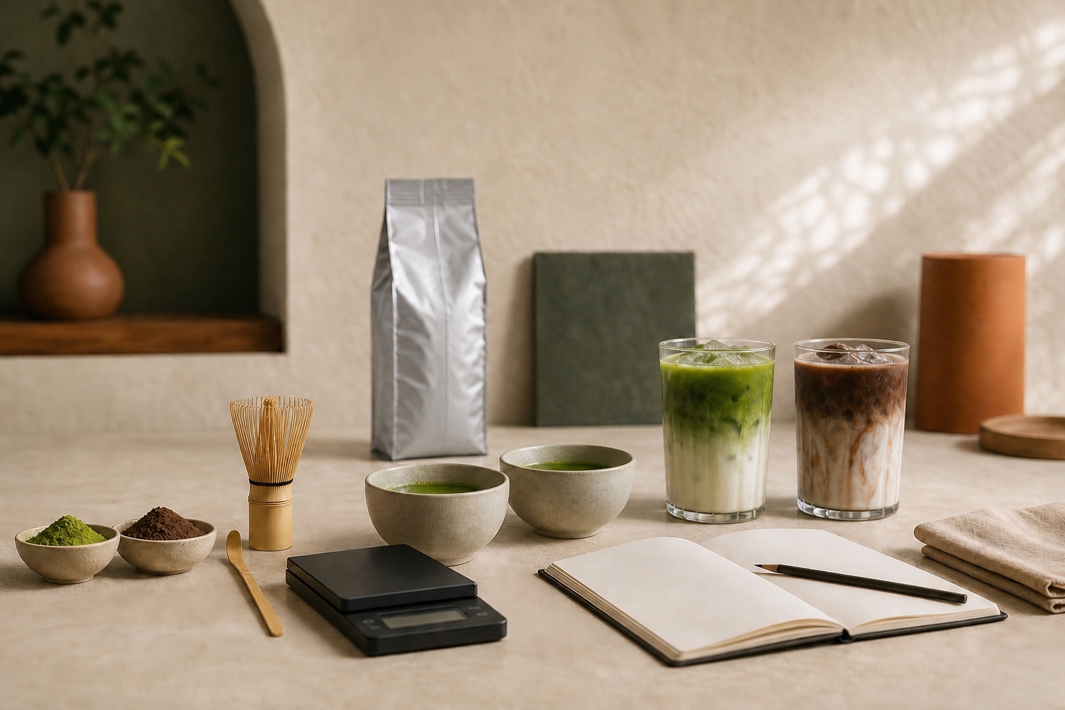 Illustrative matcha and hojicha sample-evaluation setup